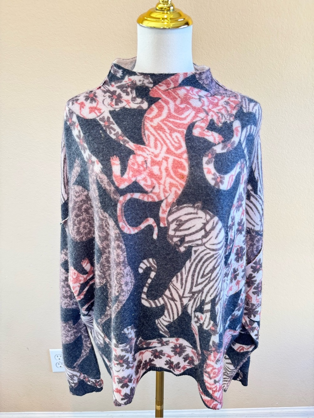 Anthropologie Pilcro Alani Tiger Leopard Cashmere Sweater Mock Neck Oversized L